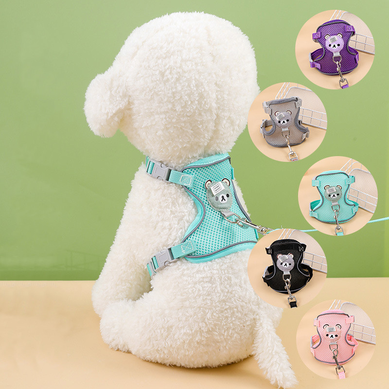 Set de ham și lesă pentru câini și pisici din plasă de nailon, model de urs din desene animate, ham cu vestă reflectorizantă reglabilă pentru câini de talie mică