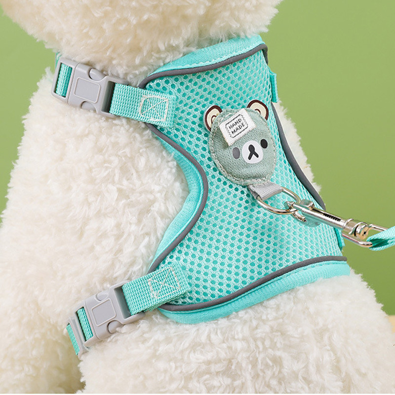 Set de ham și lesă pentru câini și pisici din plasă de nailon, model de urs din desene animate, ham cu vestă reflectorizantă reglabilă pentru câini de talie mică