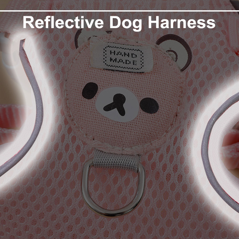 Set de ham și lesă pentru câini și pisici din plasă de nailon, model de urs din desene animate, ham cu vestă reflectorizantă reglabilă pentru câini de talie mică