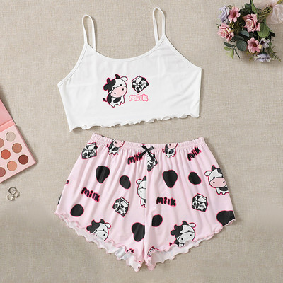 Καλοκαιρινά γυναικεία πυζά Χαριτωμένα κινούμενα σχέδια με στάμπες κοντό σετ πιτζάμες για γυναίκες Σετ πιτζάμες Γλυκό κοντό μανίκι V-λαιμόκοψη & σορτς πιτζάμα