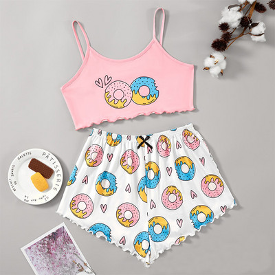 Καλοκαιρινά γυναικεία πυζά Χαριτωμένα κινούμενα σχέδια με στάμπες κοντό σετ πιτζάμες για γυναίκες Σετ πιτζάμες Γλυκό κοντό μανίκι V-λαιμόκοψη & σορτς πιτζάμα