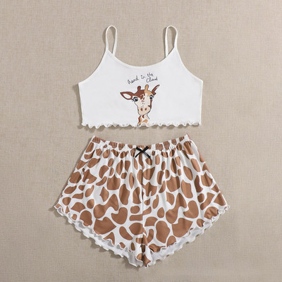 Καλοκαιρινά γυναικεία πυζά Χαριτωμένα κινούμενα σχέδια με στάμπες κοντό σετ πιτζάμες για γυναίκες Σετ πιτζάμες Γλυκό κοντό μανίκι V-λαιμόκοψη & σορτς πιτζάμα