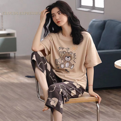 Letné capri kockované dámske pyžamo s krátkym rukávom, pyžamové súpravy s kreslenými postavičkami, polyesterové pyžamá, veľkosť 3XL 5XL, domáca móda