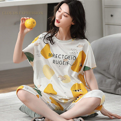 Letné capri kockované dámske pyžamo s krátkym rukávom, pyžamové súpravy s kreslenými postavičkami, polyesterové pyžamá, veľkosť 3XL 5XL, domáca móda