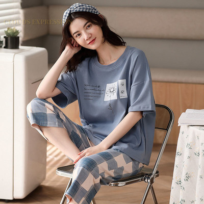 Letné capri kockované dámske pyžamo s krátkym rukávom, pyžamové súpravy s kreslenými postavičkami, polyesterové pyžamá, veľkosť 3XL 5XL, domáca móda
