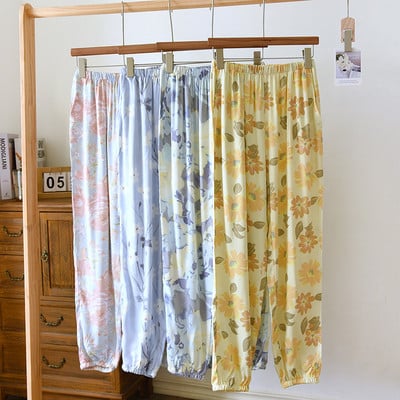 Pantaloni de pijama din vascoză din bumbac de primăvară și vară pentru femei Pantaloni de plajă cu imprimeu floral de vară Pantaloni lungi pentru prevenirea țânțarilor