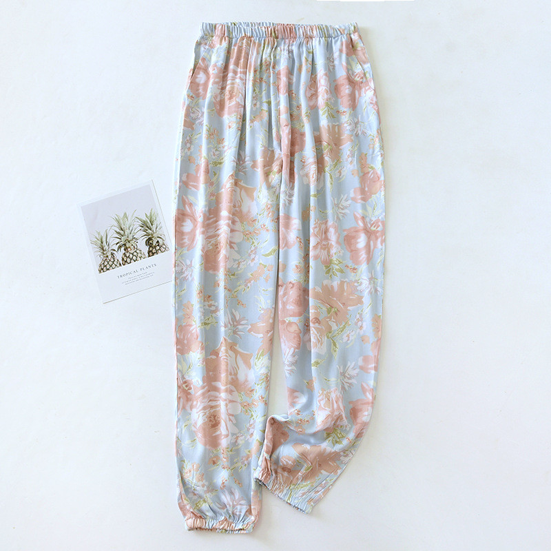 Pantaloni de pijama din vascoză din bumbac de primăvară și vară pentru femei Pantaloni de plajă cu imprimeu floral de vară Pantaloni lungi pentru prevenirea țânțarilor