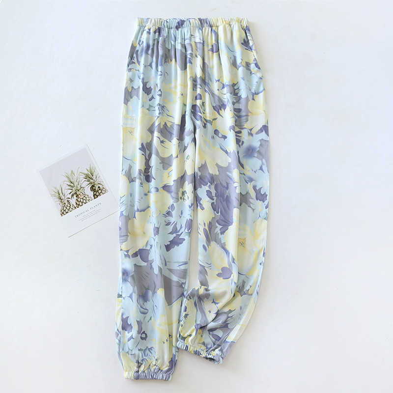 Pantaloni de pijama din vascoză din bumbac de primăvară și vară pentru femei Pantaloni de plajă cu imprimeu floral de vară Pantaloni lungi pentru prevenirea țânțarilor