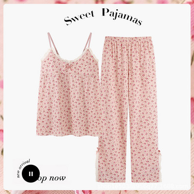 Πιτζάμες Γυναικεία καλοκαιρινή κρεμάστρα INS Vintage Θραυσματικό Γαλλικό Γλυκό σέξι που μπορεί να φθαρεί Σετ δύο τεμαχίων με μαξιλαράκι στήθους