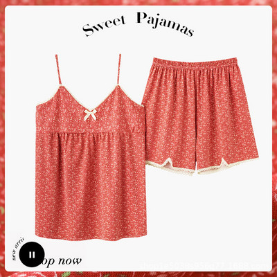 Πιτζάμες Γυναικεία καλοκαιρινή κρεμάστρα INS Vintage Θραυσματικό Γαλλικό Γλυκό σέξι που μπορεί να φθαρεί Σετ δύο τεμαχίων με μαξιλαράκι στήθους