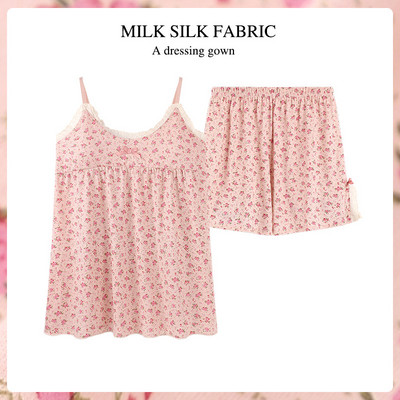 Πιτζάμες Γυναικεία καλοκαιρινή κρεμάστρα INS Vintage Θραυσματικό Γαλλικό Γλυκό σέξι που μπορεί να φθαρεί Σετ δύο τεμαχίων με μαξιλαράκι στήθους