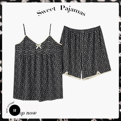 Πιτζάμες Γυναικεία καλοκαιρινή κρεμάστρα INS Vintage Θραυσματικό Γαλλικό Γλυκό σέξι που μπορεί να φθαρεί Σετ δύο τεμαχίων με μαξιλαράκι στήθους