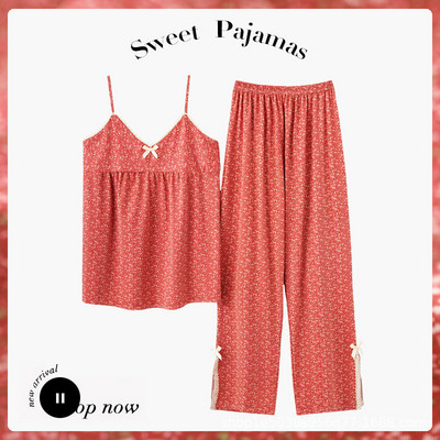 Πιτζάμες Γυναικεία καλοκαιρινή κρεμάστρα INS Vintage Θραυσματικό Γαλλικό Γλυκό σέξι που μπορεί να φθαρεί Σετ δύο τεμαχίων με μαξιλαράκι στήθους