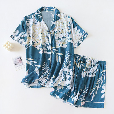 Σετ γυναικεία πιτζάμες κοντομάνικο σορτς για το σπίτι Pijima Loose κοστούμι δύο τεμαχίων για οικιακά υπνοδωμάτια με εμπριμέ Plus μέγεθος Γυναικείο Pijima