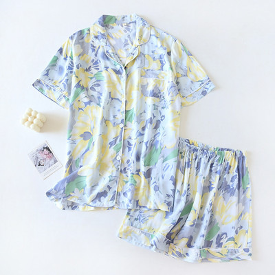 Σετ γυναικεία πιτζάμες κοντομάνικο σορτς για το σπίτι Pijima Loose κοστούμι δύο τεμαχίων για οικιακά υπνοδωμάτια με εμπριμέ Plus μέγεθος Γυναικείο Pijima