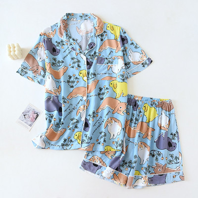 Σετ γυναικεία πιτζάμες κοντομάνικο σορτς για το σπίτι Pijima Loose κοστούμι δύο τεμαχίων για οικιακά υπνοδωμάτια με εμπριμέ Plus μέγεθος Γυναικείο Pijima