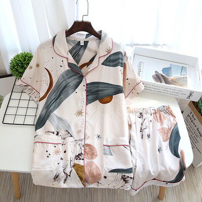 Σετ γυναικεία πιτζάμες κοντομάνικο σορτς για το σπίτι Pijima Loose κοστούμι δύο τεμαχίων για οικιακά υπνοδωμάτια με εμπριμέ Plus μέγεθος Γυναικείο Pijima
