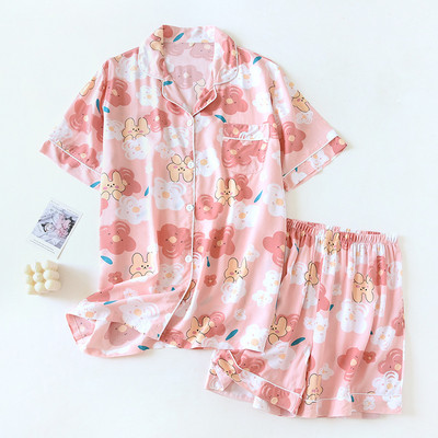 Σετ γυναικεία πιτζάμες κοντομάνικο σορτς για το σπίτι Pijima Loose κοστούμι δύο τεμαχίων για οικιακά υπνοδωμάτια με εμπριμέ Plus μέγεθος Γυναικείο Pijima