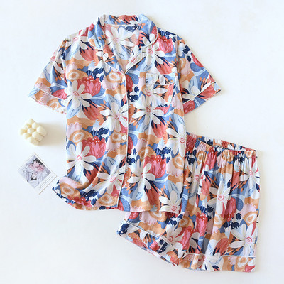 Σετ γυναικεία πιτζάμες κοντομάνικο σορτς για το σπίτι Pijima Loose κοστούμι δύο τεμαχίων για οικιακά υπνοδωμάτια με εμπριμέ Plus μέγεθος Γυναικείο Pijima