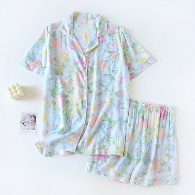 Σετ γυναικεία πιτζάμες κοντομάνικο σορτς για το σπίτι Pijima Loose κοστούμι δύο τεμαχίων για οικιακά υπνοδωμάτια με εμπριμέ Plus μέγεθος Γυναικείο Pijima