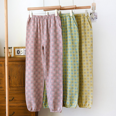 Pantaloni lungi de pijama, vopsiți în carouri pătrate, vopsiți în fire, pentru acasă, pijama de vară, pentru femei, din bumbac, anti țânțari, pantaloni lungi