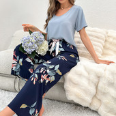 Σετ καλοκαιρινές πιτζάμες Γυναικείες άνετες βαμβακερές βισκόζη Πιτζάμες με κοντό μανίκι μπλούζες με μακρύ παντελόνι Γυναικείο σετ Pj