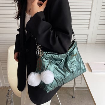 Γυναικεία Puffer Tote Bag Sparkle Quilted Hobo Bag with Pom Poms fluffy satchel bag Ελαφρύ, ευέλικτο, περιστασιακή χειμερινή τσάντα αγορών