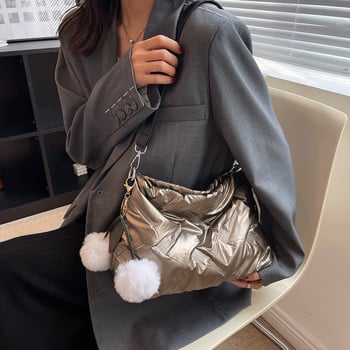 Γυναικεία Puffer Tote Bag Sparkle Quilted Hobo Bag with Pom Poms fluffy satchel bag Ελαφρύ, ευέλικτο, περιστασιακή χειμερινή τσάντα αγορών