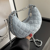 Značková dizajnérska džínsová kockovaná prešívaná dámska kabelka cez rameno, ležérna reťazová polmesiacová crossbody kabelka, dámska kabelka, trend 2023, clutch