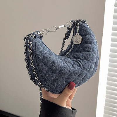 Značková dizajnérska džínsová kockovaná prešívaná dámska kabelka cez rameno, ležérna reťazová polmesiacová crossbody kabelka, dámska kabelka, trend 2023, clutch