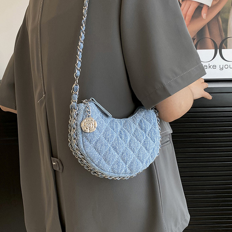 Značková dizajnérska džínsová kockovaná prešívaná dámska kabelka cez rameno, ležérna reťazová polmesiacová crossbody kabelka, dámska kabelka, trend 2023, clutch
