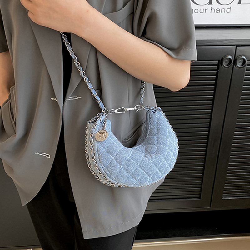 Značková dizajnérska džínsová kockovaná prešívaná dámska kabelka cez rameno, ležérna reťazová polmesiacová crossbody kabelka, dámska kabelka, trend 2023, clutch
