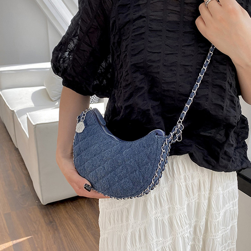 Značková dizajnérska džínsová kockovaná prešívaná dámska kabelka cez rameno, ležérna reťazová polmesiacová crossbody kabelka, dámska kabelka, trend 2023, clutch