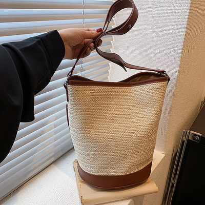 Лятна дамска сламена чанта през рамо Ратан Boho Woven Bucket Bag Causal Дамски чанти Марка Дамска чанта за пазаруване Клъч чанта 2023