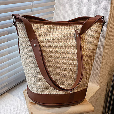 Geantă de umăr din paie de vară pentru femei, din ratan, geantă găleată țesătă Boho, genți de mână pentru femei, de marcă, pentru cumpărături, poșetă 2023