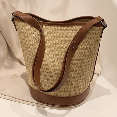 Geantă de umăr din paie de vară pentru femei, din ratan, geantă găleată țesătă Boho, genți de mână pentru femei, de marcă, pentru cumpărături, poșetă 2023