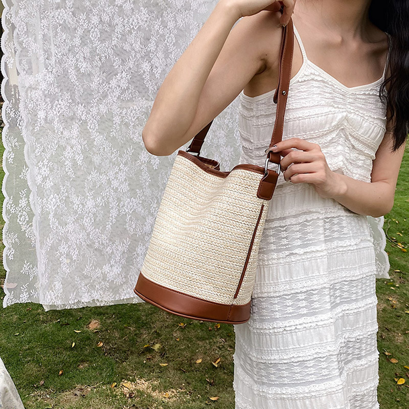 Geantă de umăr din paie de vară pentru femei, din ratan, geantă găleată țesătă Boho, genți de mână pentru femei, de marcă, pentru cumpărături, poșetă 2023