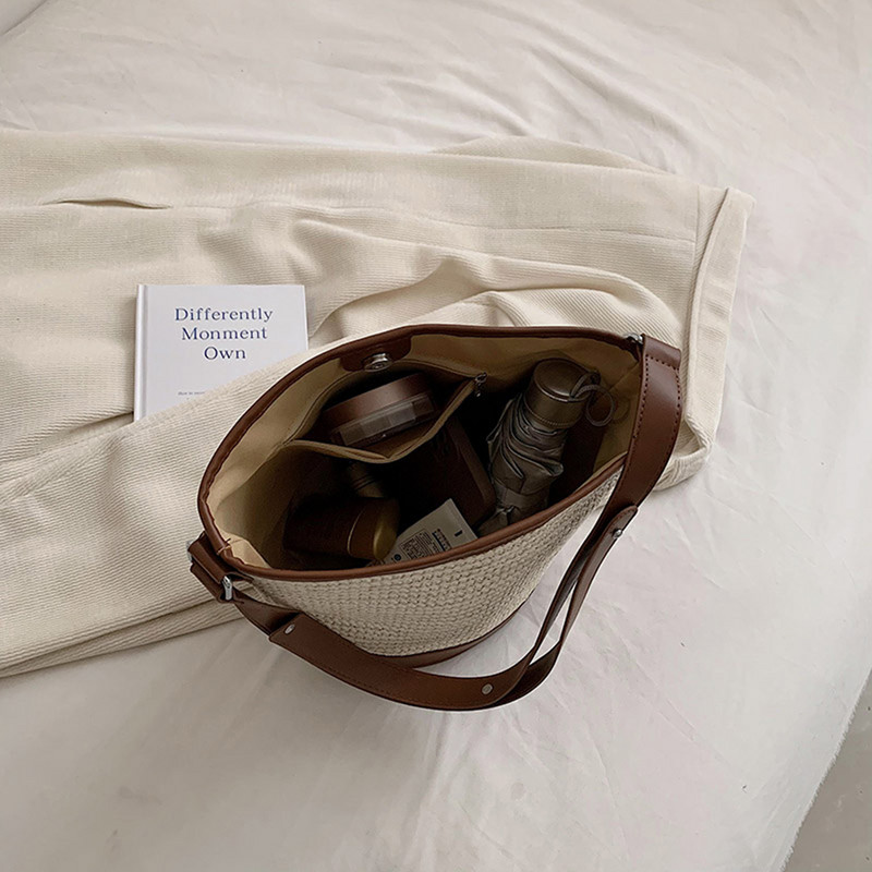 Geantă de umăr din paie de vară pentru femei, din ratan, geantă găleată țesătă Boho, genți de mână pentru femei, de marcă, pentru cumpărături, poșetă 2023