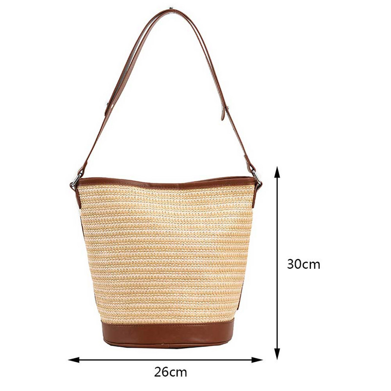 Geantă de umăr din paie de vară pentru femei, din ratan, geantă găleată țesătă Boho, genți de mână pentru femei, de marcă, pentru cumpărături, poșetă 2023