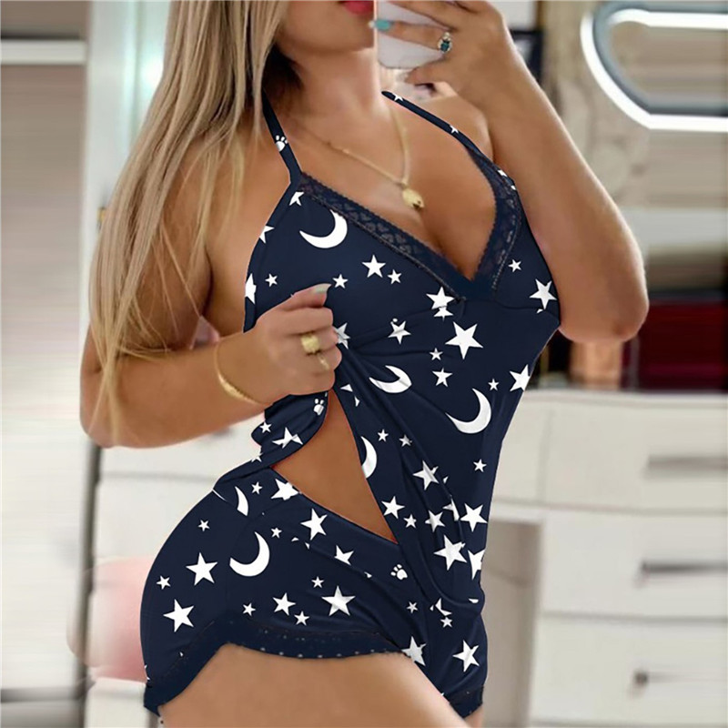 2022. aasta naiste leopardtrükiga pidžaamakomplekt Seksikas pitsiline sügav V-kaelusega pesu lühike komplekt Pidžaama ülikond magamisriided aluspesu ööpüksid pidžaamad