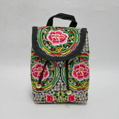 Rucsac brodat etnic pentru femei, cu model de flori de modă, din pânză, rucsac de călătorie ocazional, rucsac de școală retro vintage pentru femei