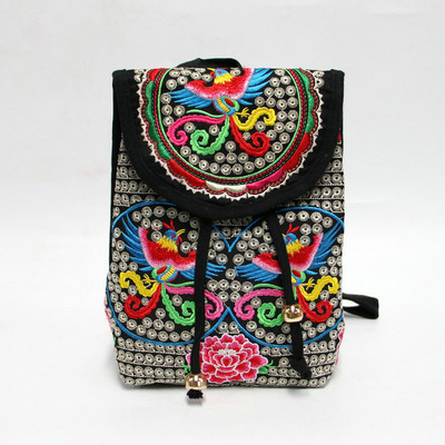 Rucsac brodat etnic pentru femei, cu model de flori de modă, din pânză, rucsac de călătorie ocazional, rucsac de școală retro vintage pentru femei
