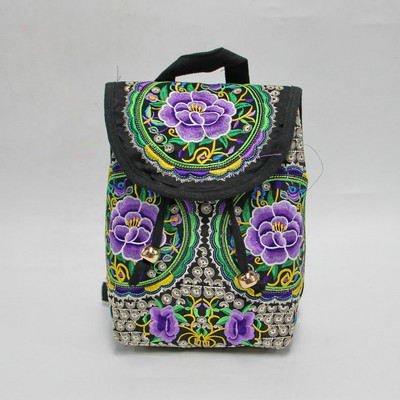 Rucsac brodat etnic pentru femei, cu model de flori de modă, din pânză, rucsac de călătorie ocazional, rucsac de școală retro vintage pentru femei