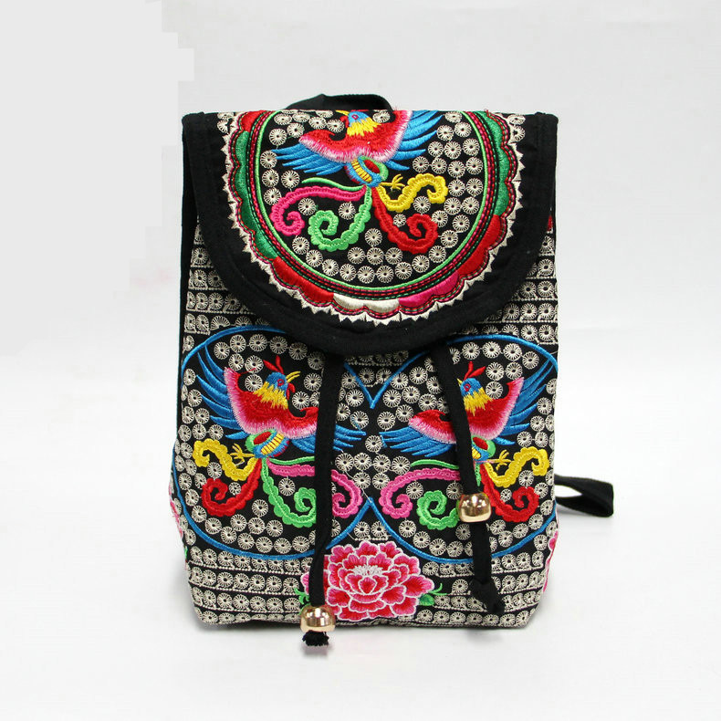Rucsac brodat etnic pentru femei, cu model de flori de modă, din pânză, rucsac de călătorie ocazional, rucsac de școală retro vintage pentru femei