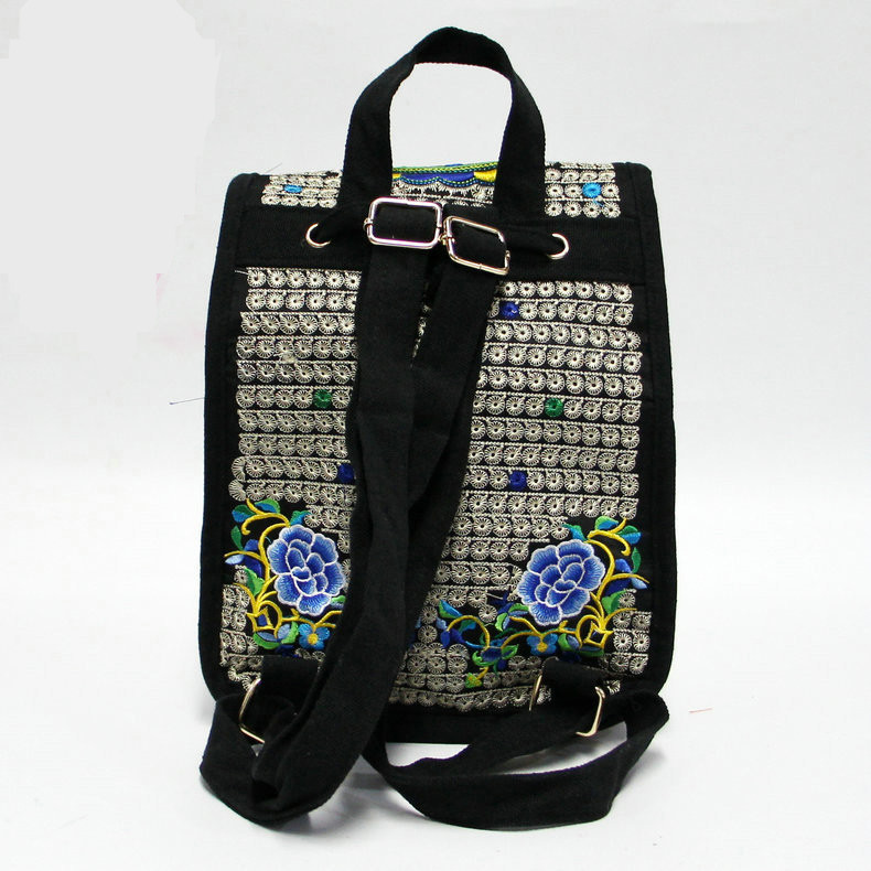 Rucsac brodat etnic pentru femei, cu model de flori de modă, din pânză, rucsac de călătorie ocazional, rucsac de școală retro vintage pentru femei