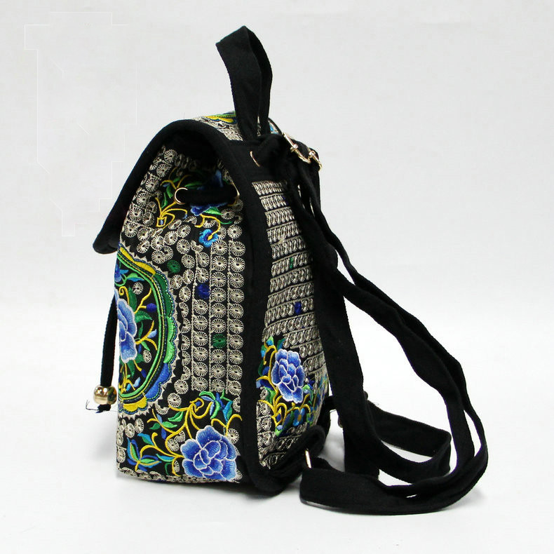 Rucsac brodat etnic pentru femei, cu model de flori de modă, din pânză, rucsac de călătorie ocazional, rucsac de școală retro vintage pentru femei