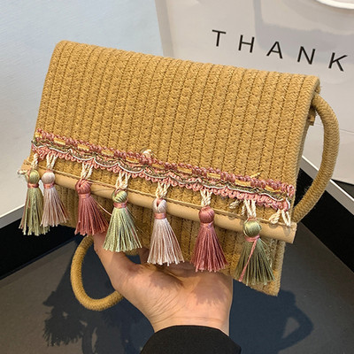 Γυναικεία τσάντα ώμου Πόρπη από άχυρο Πορτοφόλι αποθήκευσης Φούντα Σύγκρουση χρωμάτων για ταξίδια/ ραντεβού/και αγορές