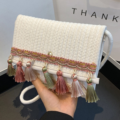 Γυναικεία τσάντα ώμου Πόρπη από άχυρο Πορτοφόλι αποθήκευσης Φούντα Σύγκρουση χρωμάτων για ταξίδια/ ραντεβού/και αγορές