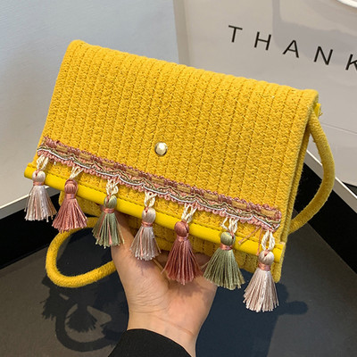 Γυναικεία τσάντα ώμου Πόρπη από άχυρο Πορτοφόλι αποθήκευσης Φούντα Σύγκρουση χρωμάτων για ταξίδια/ ραντεβού/και αγορές