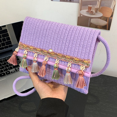 Γυναικεία τσάντα ώμου Πόρπη από άχυρο Πορτοφόλι αποθήκευσης Φούντα Σύγκρουση χρωμάτων για ταξίδια/ ραντεβού/και αγορές